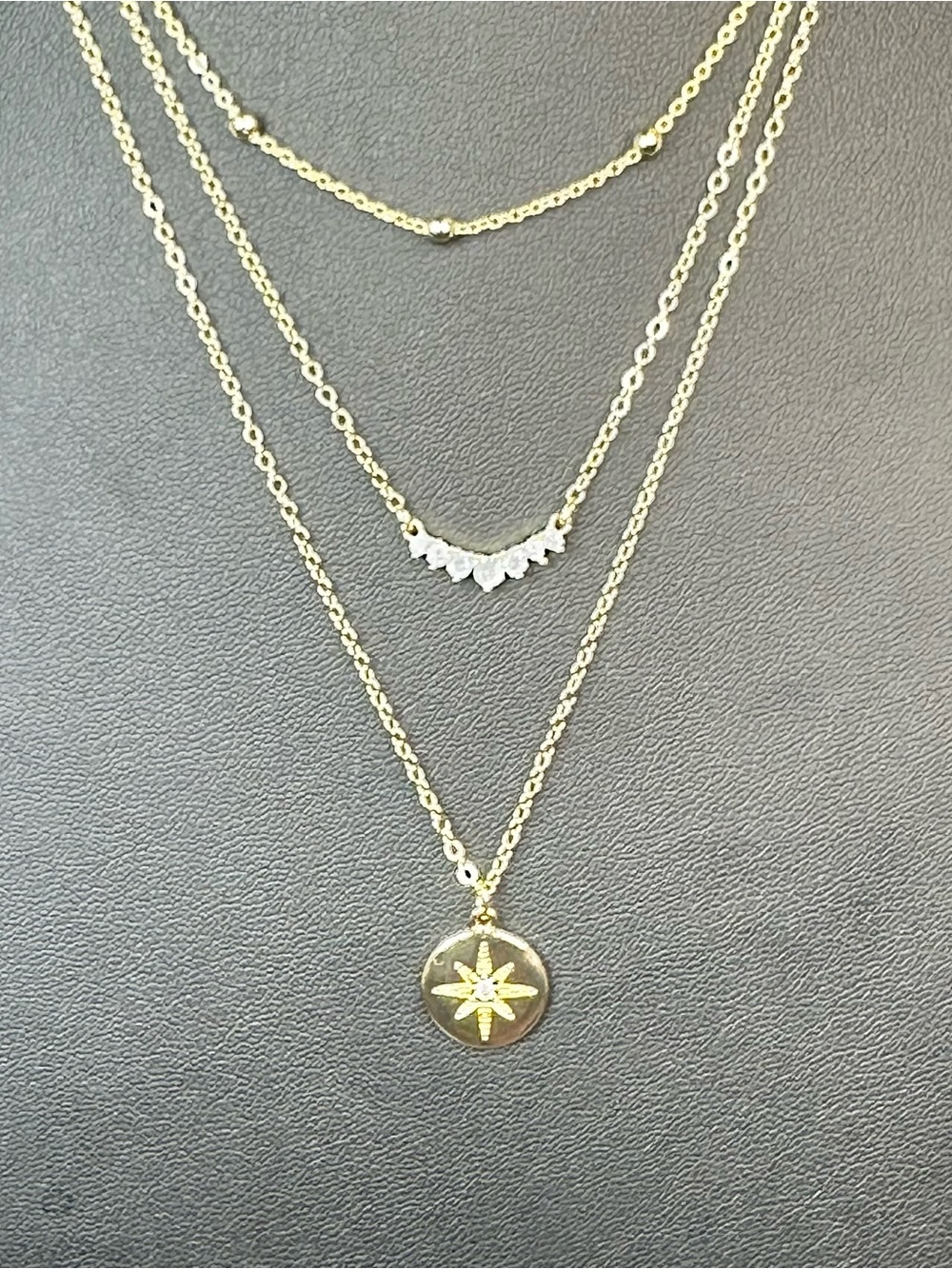 Gold Tone Layered Necklace Set 3 Piece Crystal Starburst Medallion